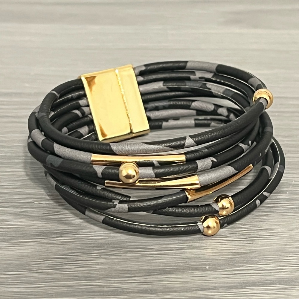 Gold and Faux Leather Magnetic Bracelet, Black and Gray with Gold Beads